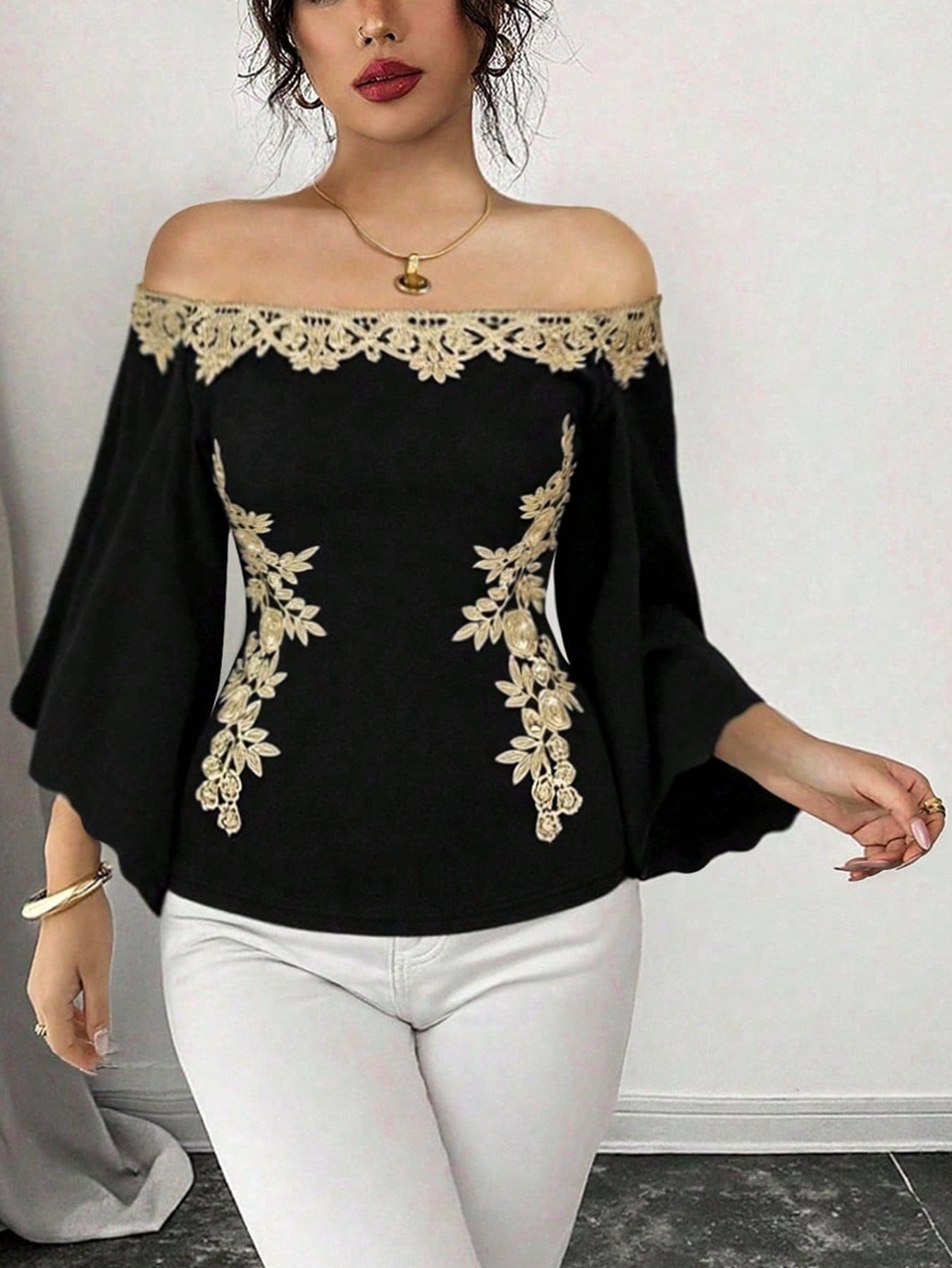 SM Luxe Tops Collection — Off-Shoulder Embroidered Bell Sleeve Top