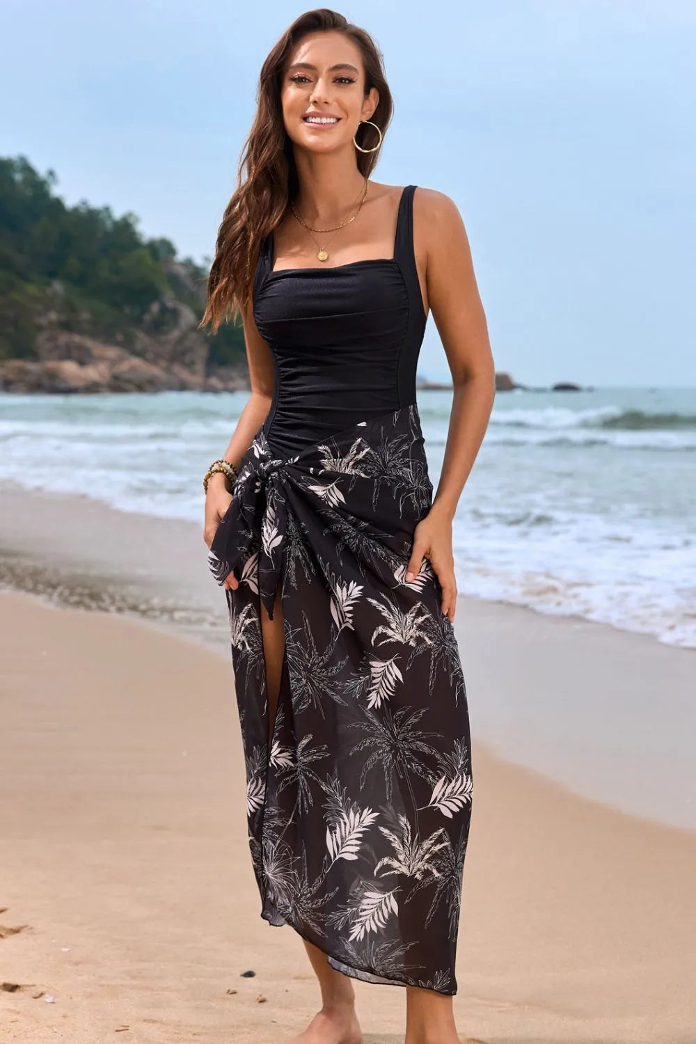 SM Luxe Square Neck Printed One-Piece Swimwear and Cover Up Set — Luxury Women's Swimwear Collection