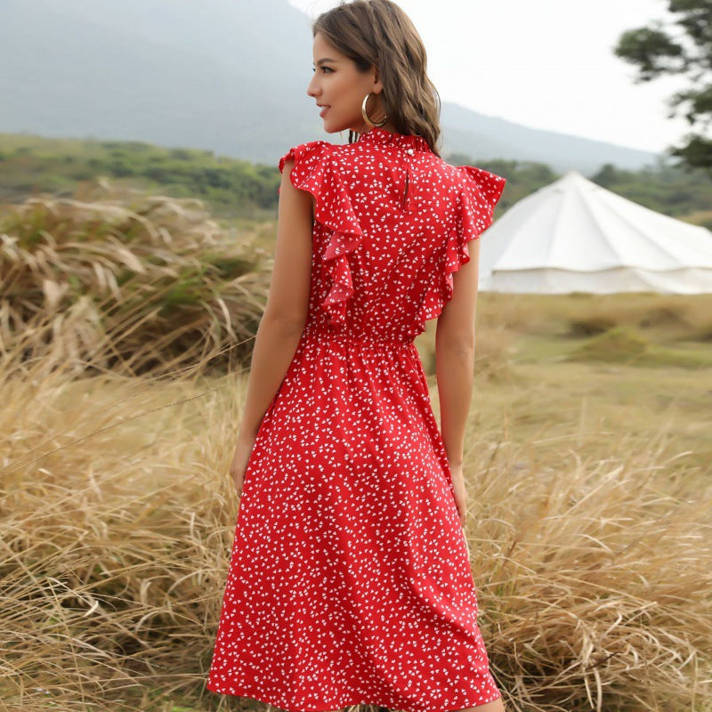 Polka Dot Ruffle Hem Chiffon Maxi Dress