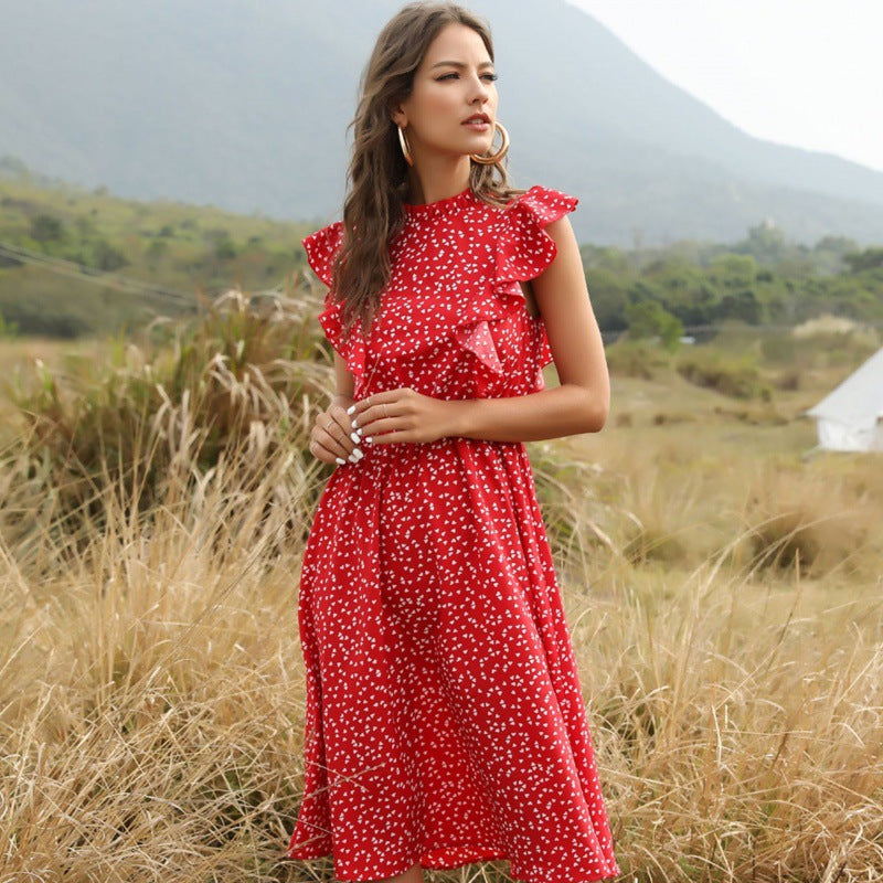 Polka Dot Ruffle Hem Chiffon Maxi Dress