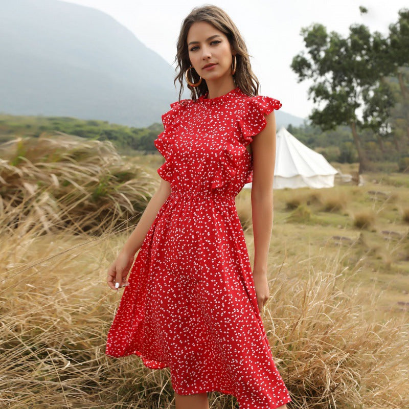 Polka Dot Ruffle Hem Chiffon Maxi Dress