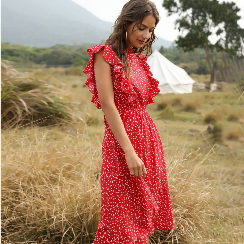 Polka Dot Ruffle Hem Chiffon Maxi Dress