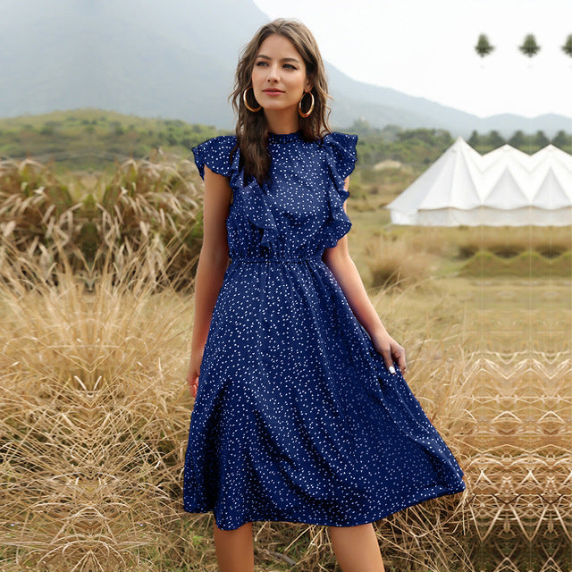 Polka Dot Ruffle Hem Chiffon Maxi Dress