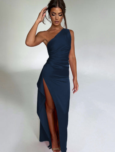 Elegant Satin One-Shoulder Slit Dress