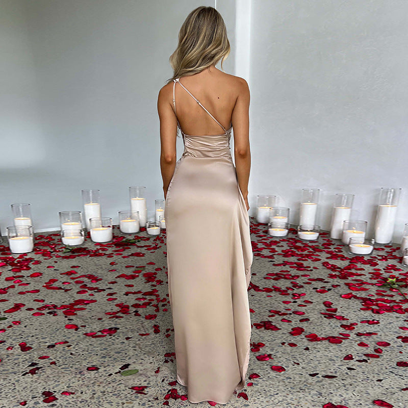 Elegant Satin One-Shoulder Slit Dress