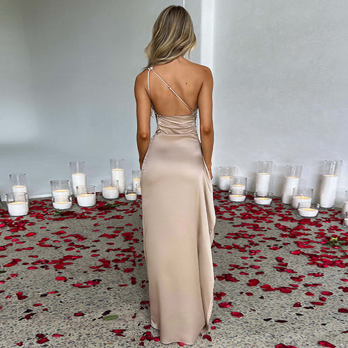 Elegant Satin One-Shoulder Slit Dress