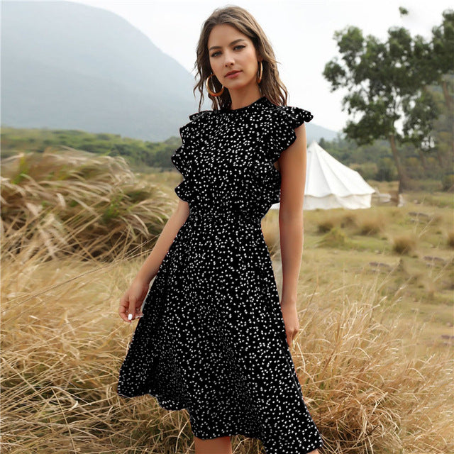 Polka Dot Ruffle Hem Chiffon Maxi Dress