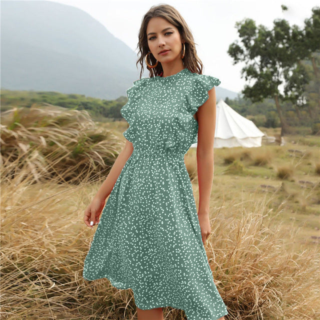 Polka Dot Ruffle Hem Chiffon Maxi Dress