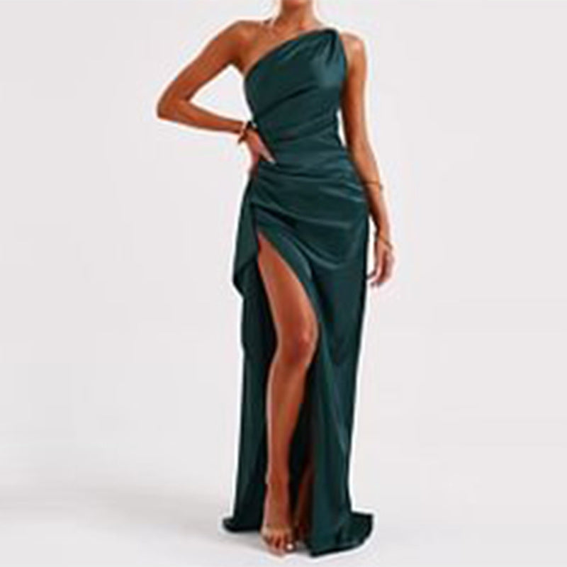 Elegant Satin One-Shoulder Slit Dress